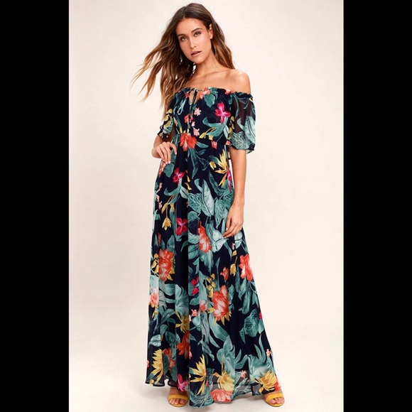 Lulus Dresses & Skirts - Lulu’s Navy Printed Off the Shoulder Maxi Dress